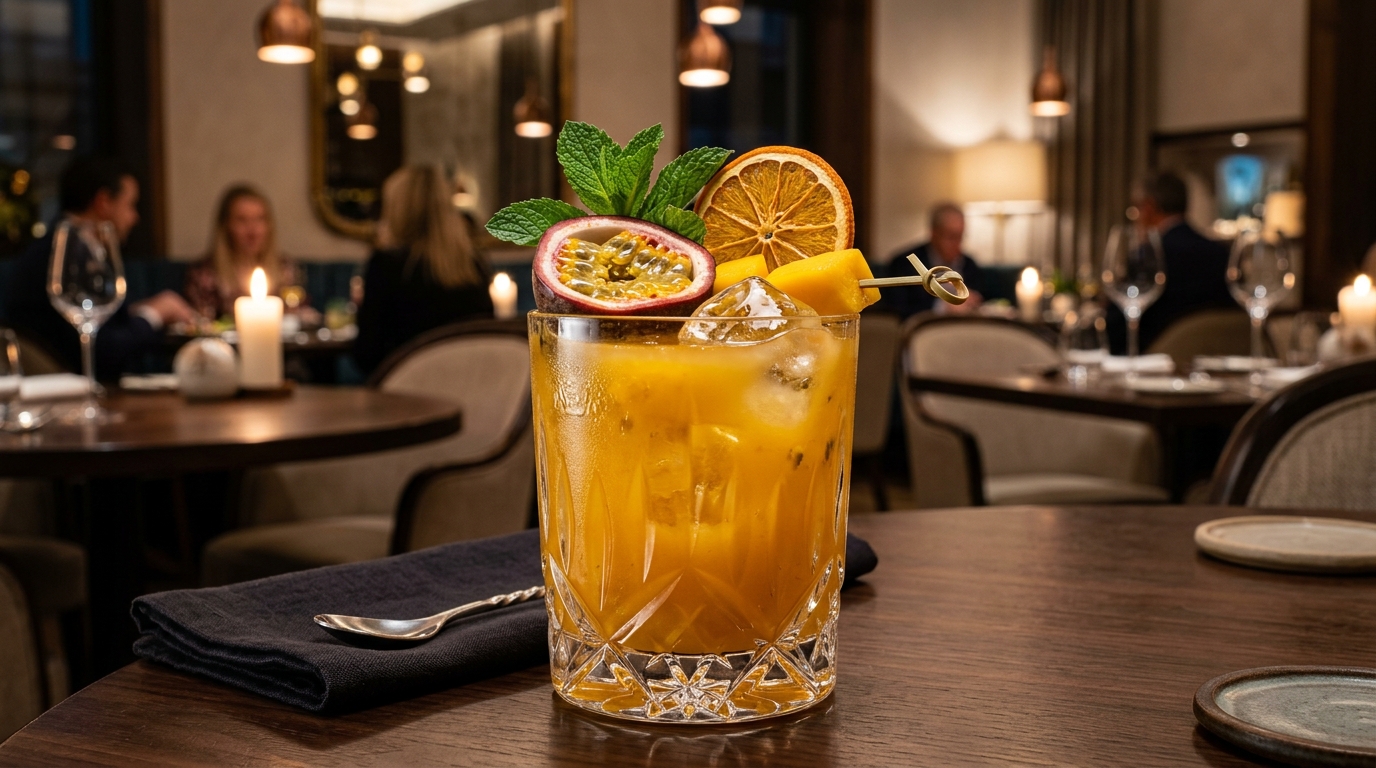 Mocktail de maracuyá en copa de cristal
