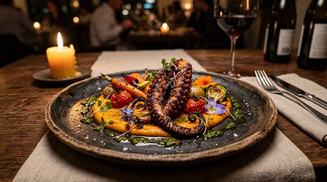 Pulpo al carbón con puré de zanahoria
