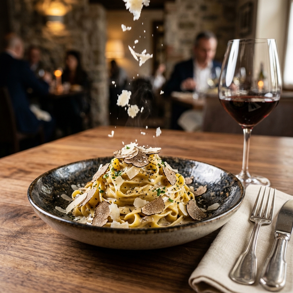 Tagliatelle fresca con trufa negra y parmesano