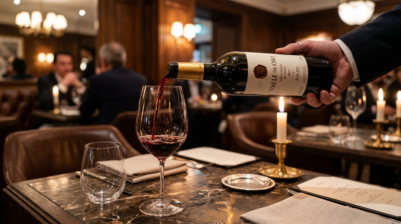 Vino tinto Valle de Oro servido en copa