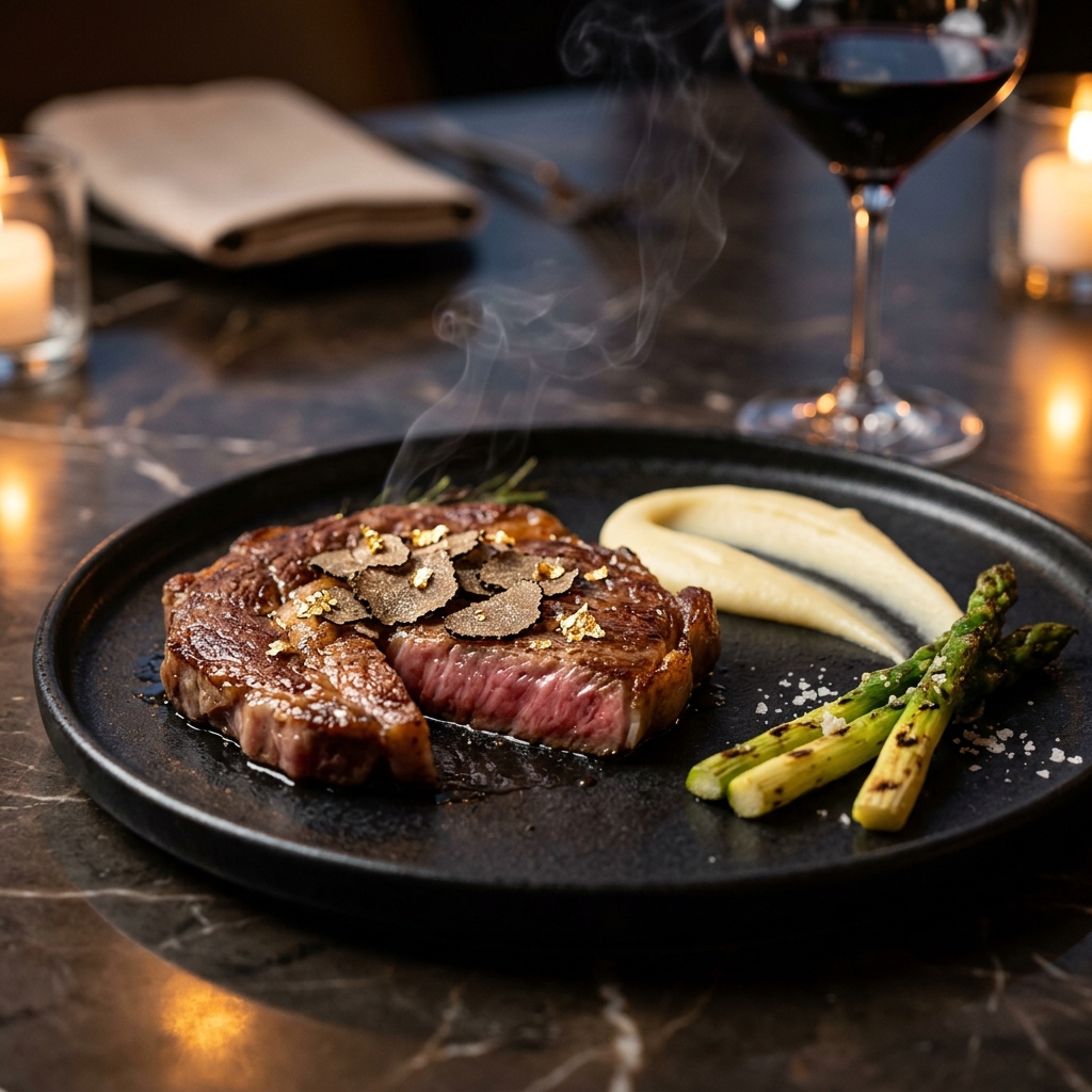 Wagyu a la brasa con trufa negra y hoja de oro